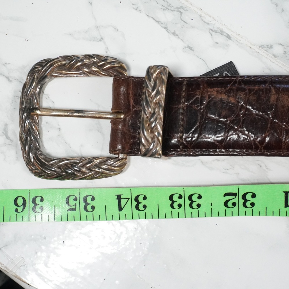 VTG Brighton Brown Crocodile Embossed Leather Belt Silver Braided Buckle M 47209 - Picture 7 of 8